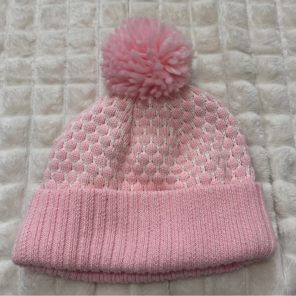 Hanna Andersson Youth Medium Pink Polka Dot Beanie Hat Pom Pom Outdoor Snow‎